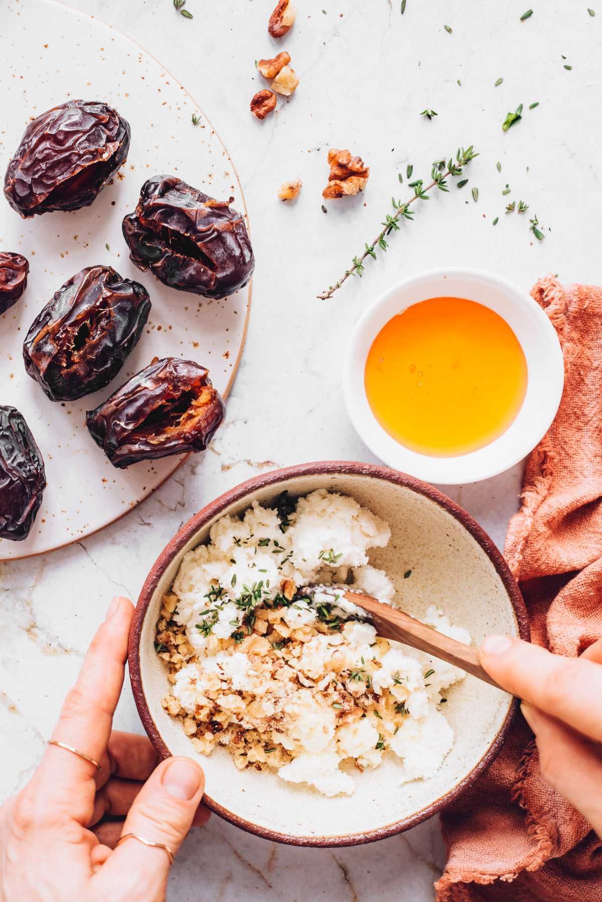 Dates with ricotta, honey and walnuts